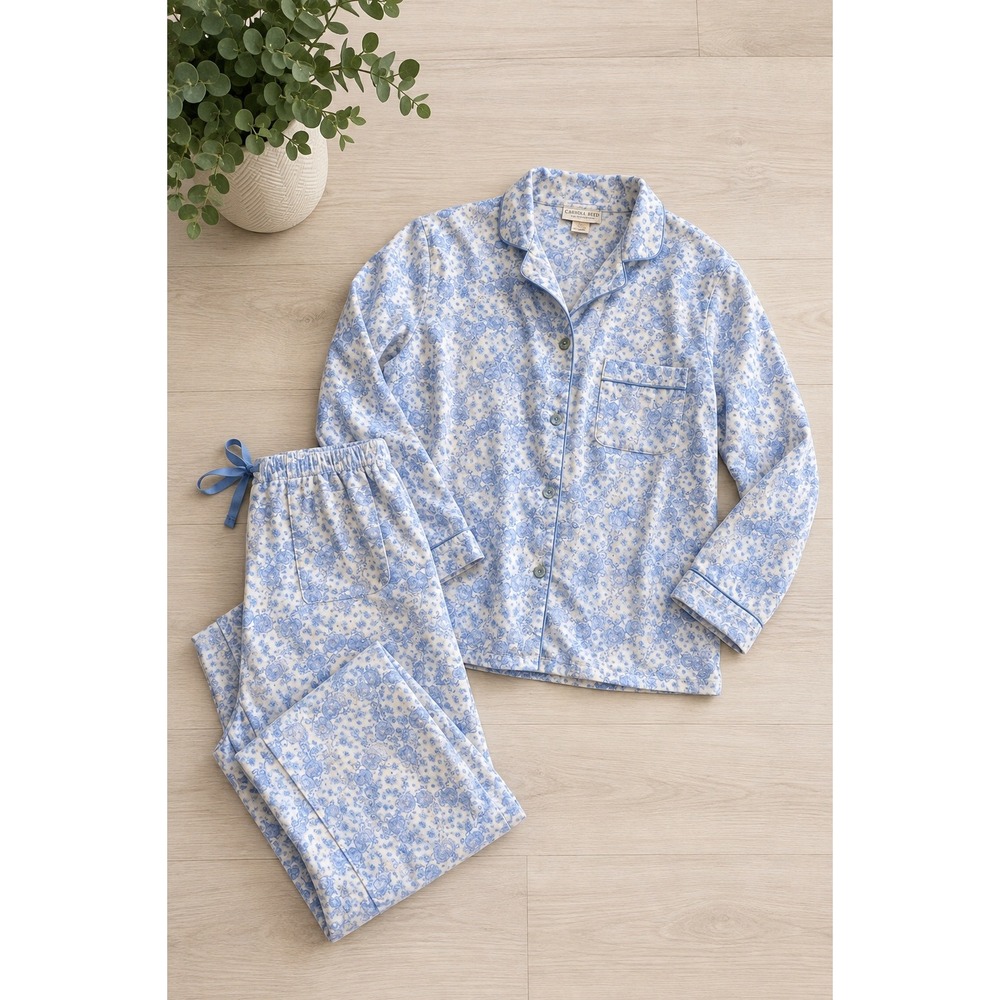 Vintage Carroll Reed Blue Floral Flannel Pajama Set 100% Cotton XL Cottagecore